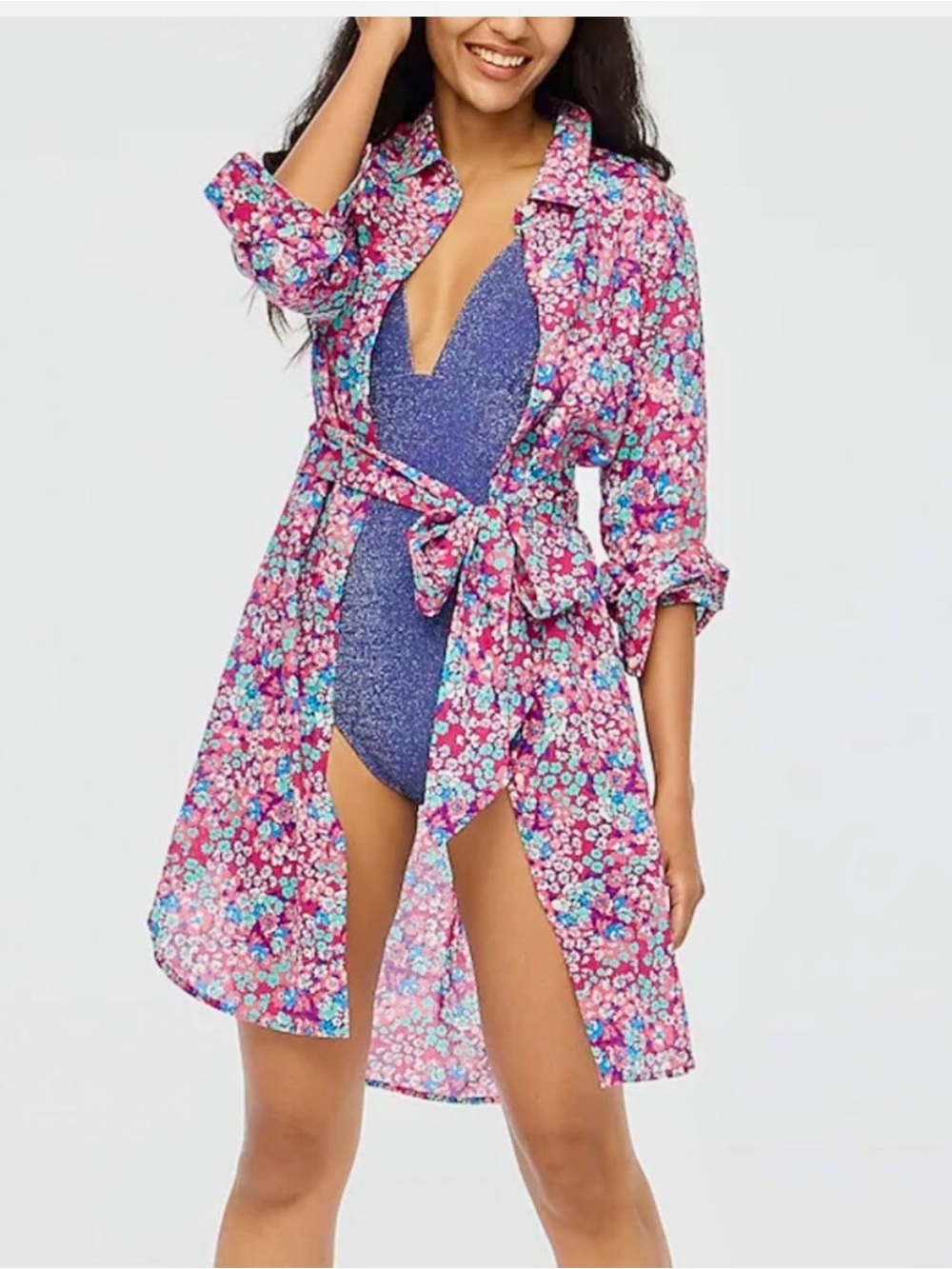 J Crew Shirt Dress Cover Up Airy Sz XL Floral Belted Button Organic Cotton NEW